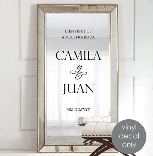 Spanish wedding vinyl decal “Bienvenidos a nuestra boda” with names Camila y Juan for personalized mirror welcome sign