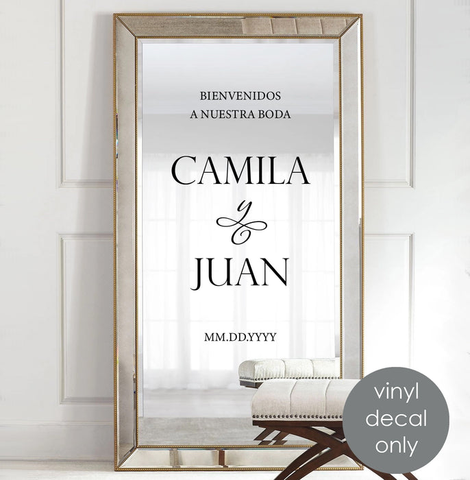 Spanish wedding vinyl decal “Bienvenidos a nuestra boda” with names Camila y Juan for personalized mirror welcome sign