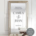 Spanish wedding vinyl decal “Bienvenidos a nuestra boda” with names Camila y Juan for personalized mirror welcome sign