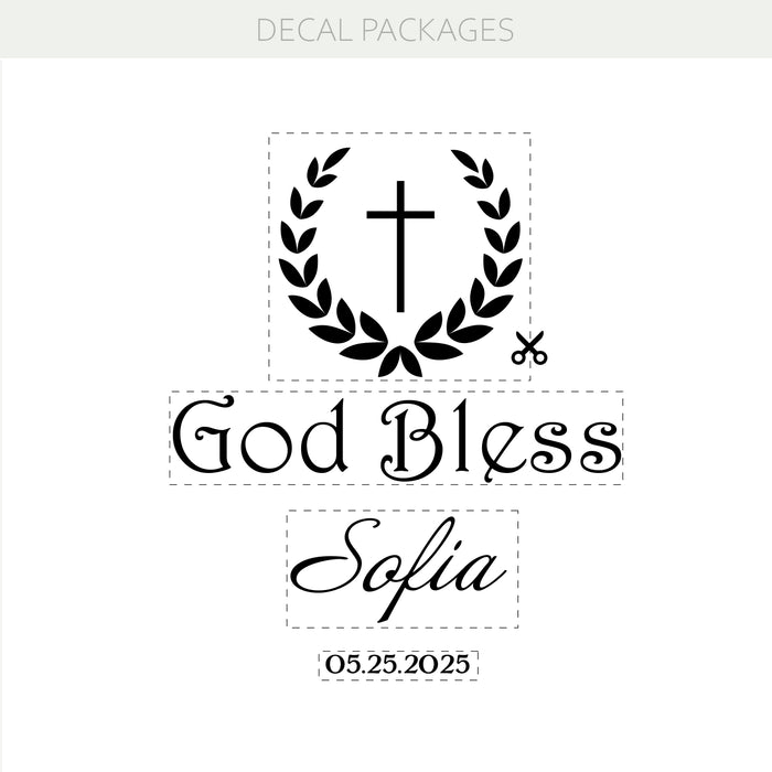 God Bless Personalized Vinyl Decal – Cross Laurel Wreath Religious Backdrop Decoration Sticker for Girl or Boy Baptism, Dedication or First Communion Custom Name and Date (4656ig)
