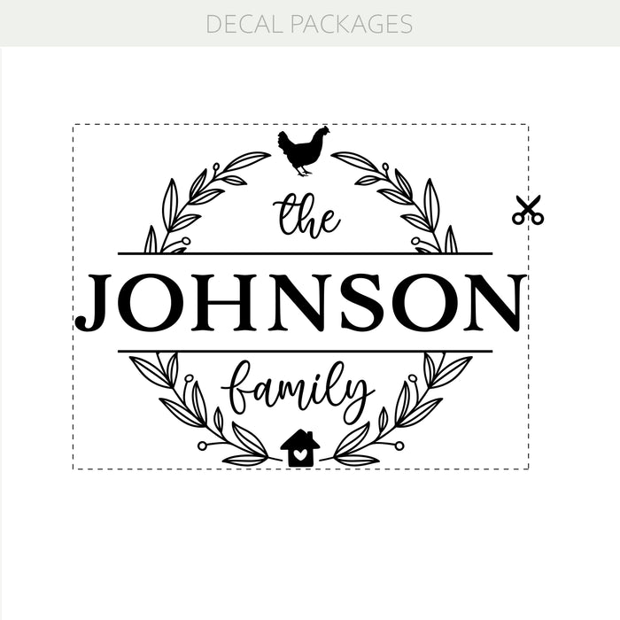 Autocollant en vinyle personnalisé pour décoration d'intérieur avec couronne rustique - Panneau de décoration personnalisé avec nom de famille w048