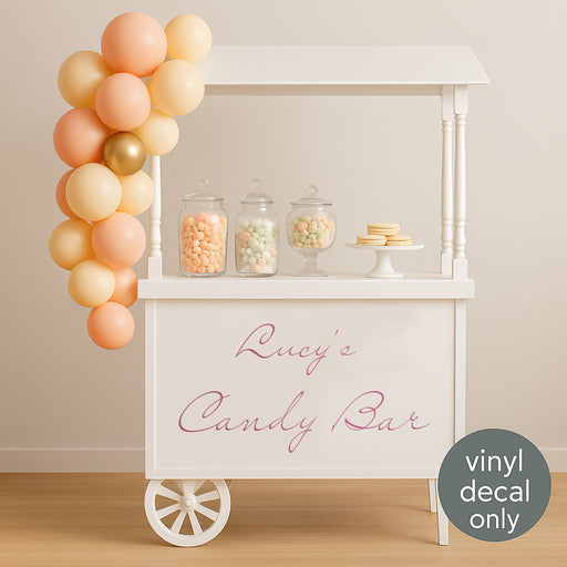 Personalized candy bar vinyl decal with custom name, colors, and fonts for dessert table