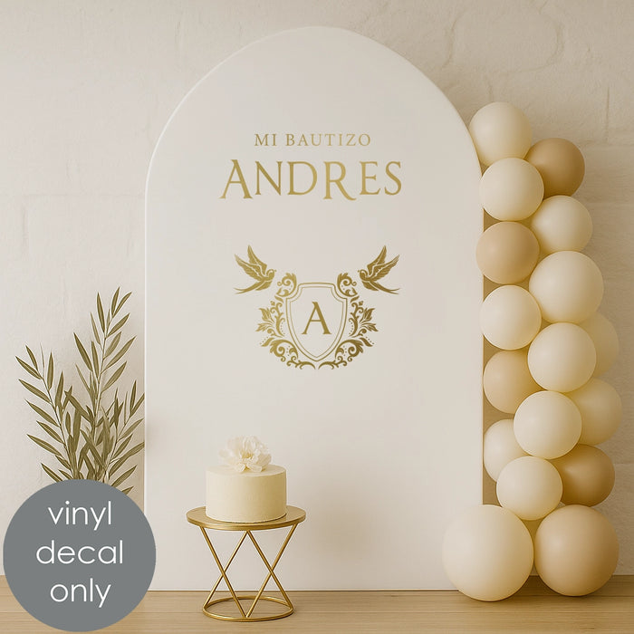 Spanish vinyl decal “Mi Bautizo Andres” with gold monogram for personalized christening backdrop decoration