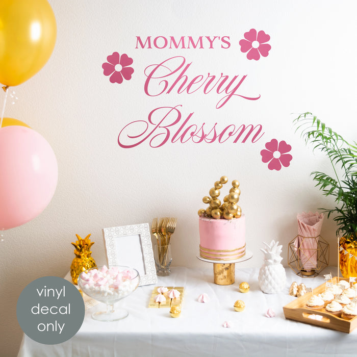 Spring Baby Shower Backdrop Decal Mommy’s Cherry Blossom Vinyl Sticker – with Floral Design for Girl or Gender Reveal Decor (4651ig)