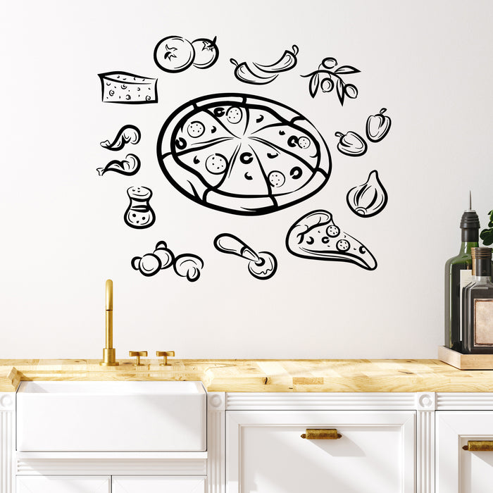 Vinyl Wall Decal Pizzeria Whole And Sliced Italian Pizza Sketches Stickers Mural (L018)