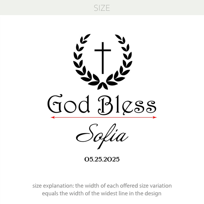 God Bless Personalized Vinyl Decal – Cross Laurel Wreath Religious Backdrop Decoration Sticker for Girl or Boy Baptism, Dedication or First Communion Custom Name and Date (4656ig)