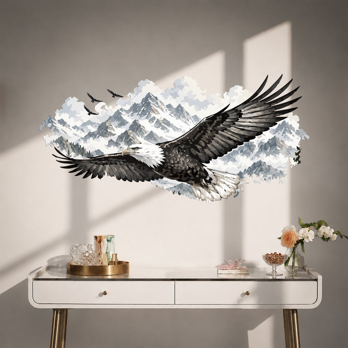 Soaring eagle and snowy mountain wall decal above a console