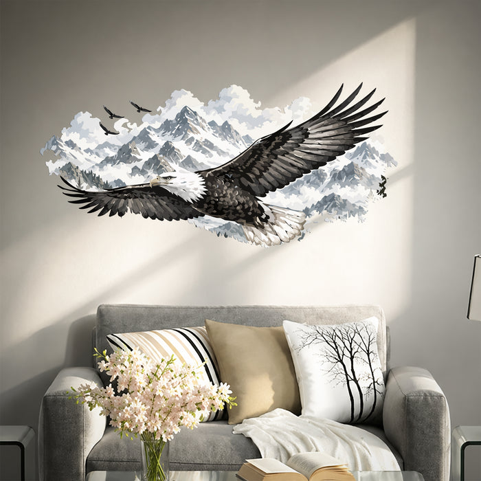 Soaring eagle and snowy mountain wall decal above a sofa