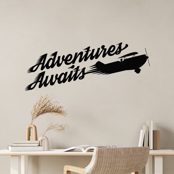 Vinyl Wall Decal Pharse Adventures Awaits Flying Retro Airplane Stickers Mural (g9809)