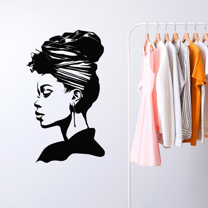 Vinyl Wall Decal Afro Woman In Turban Face Silhouette Beauty Fashion Stickers Mural (g9888)