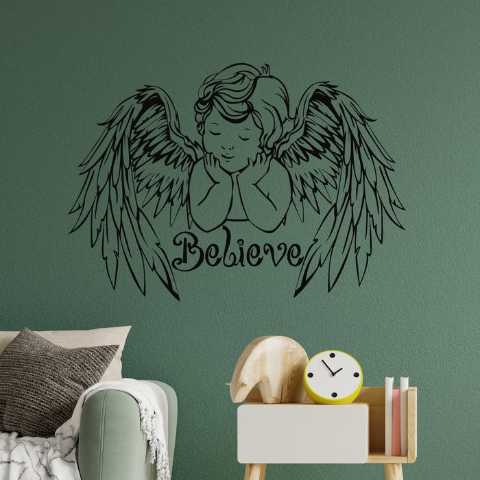 Vinyl Wall Decal White Baby Angel Wings Child Believe Lettering Stickers Mural (g9198)