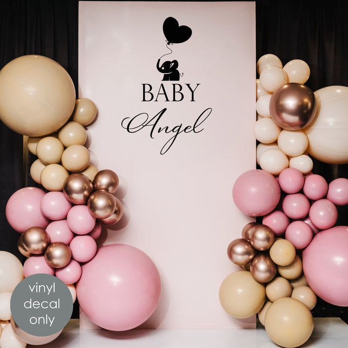 Custom baby shower vinyl decal “Baby Angel” with elephant and balloon design for backdrop decoration