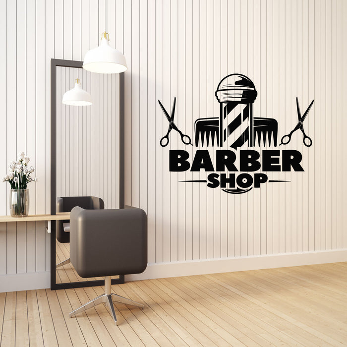 Vinyl Wall Decal Barber Shop Logo Scissors Comb Men's Style Stickers Mural (g8750)