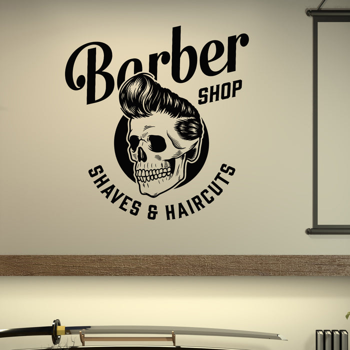 Vinyl Wall Decal Vintage Barber Shop Skull With Trendy Hairstyle Shaves Haircuts Stickers Mural (g8913)