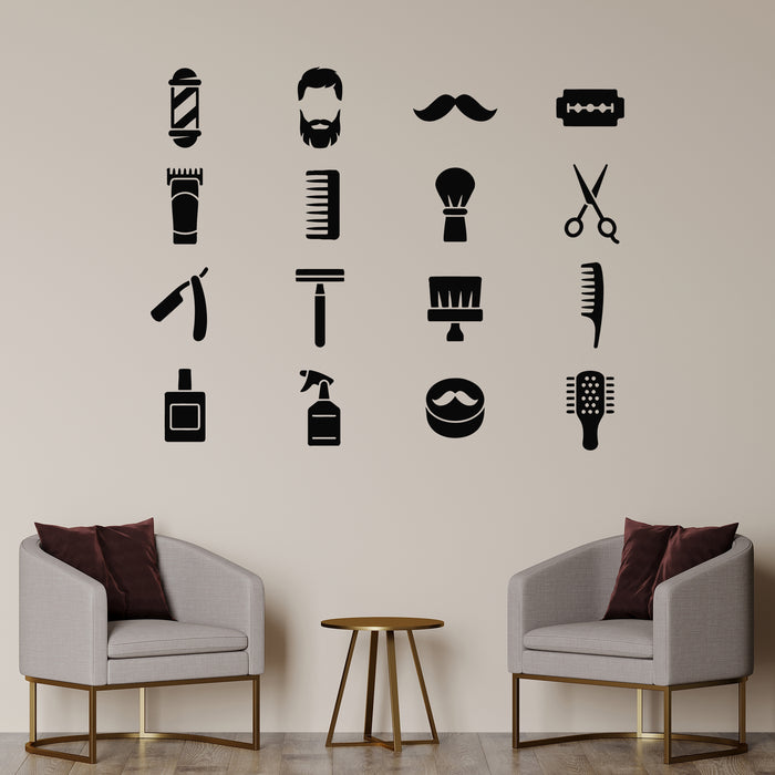 Vinyl Wall Decal Set Of Barber Shop Icons Hairdresser Scissor Man's Haircuts Stickers Mural (g8919)