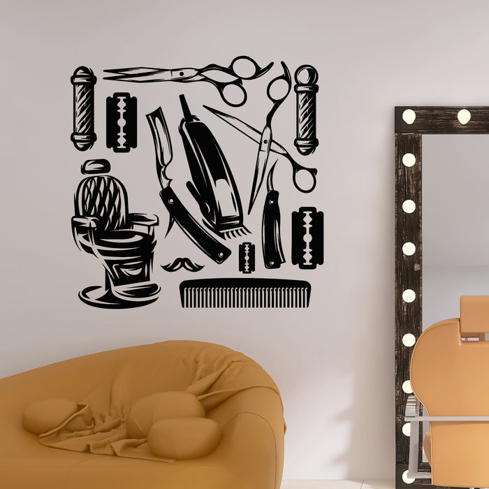 Vinyl Wall Decal Stylish Sign Barber Shop Tools Man's Salon Stickers Mural (g8985)