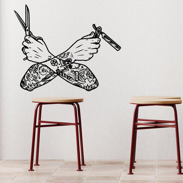 Vinyl Wall Decal Barber's Crossed Hands With Scissors And Razor Stickers Mural (g9114)