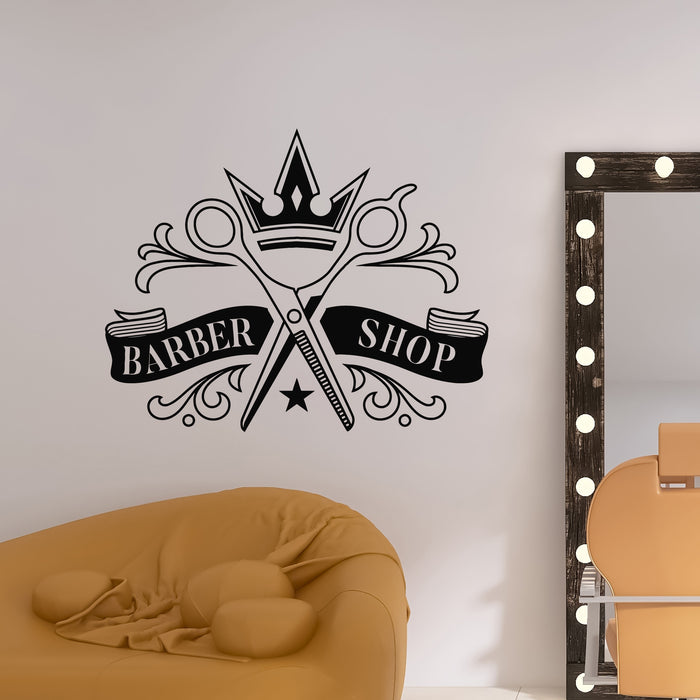 Vinyl Wall Decal Barber Shop Man's Hair Salon Scissors Crown Stickers Mural (g9486)