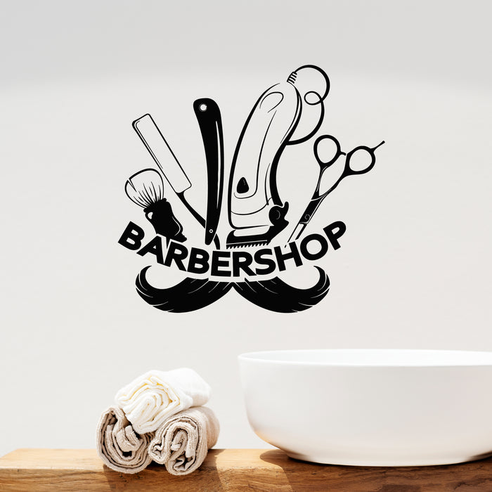 Vinyl Wall Decal Barber Shop Style Clipper Mustache Scissors Stickers Mural (g9610)