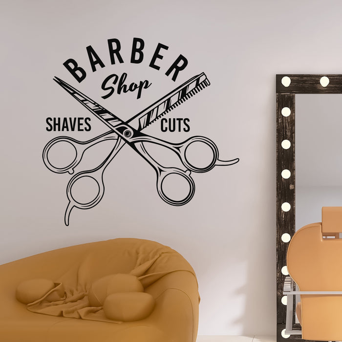 Vinyl Wall Decal Creative Barbershop Logo Shaves Cuts Scissors Stickers Mural (g9989)