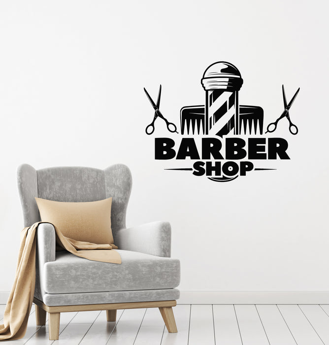 Vinyl Wall Decal Barber Shop Logo Scissors Comb Men's Style Stickers Mural (g8750)