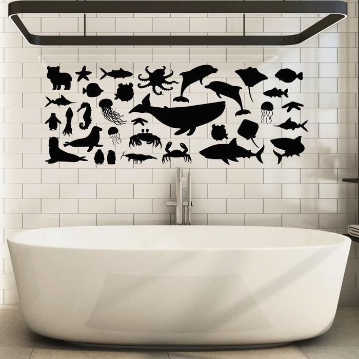 Vinyl Wall Decal Bath Big Set Sea Ocean Animals Underwater Fish Stickers Mural (g8594)