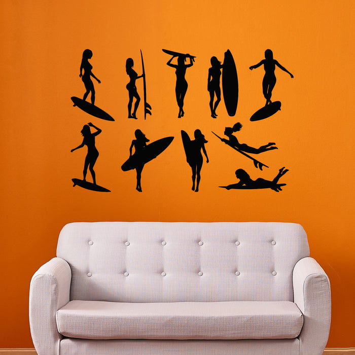 Vinyl Wall Decal Female Surfer and Surfboard Activity Holiday Stickers Mural (g9290)