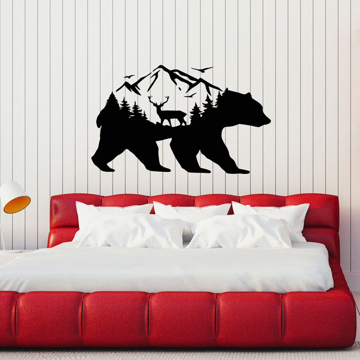 Vinyl Wall Decal Grizzly Bear Silhouette Mountains Forest Deer Nature Stickers Mural (g8568)
