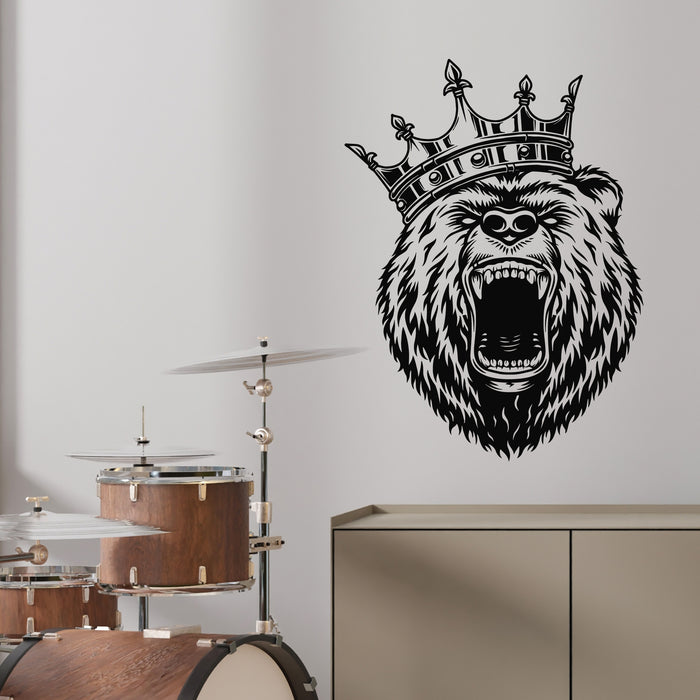 Vinyl Wall Decal Angry Bear Head With Crown King Wild Grizzly Stickers Mural (g9339)