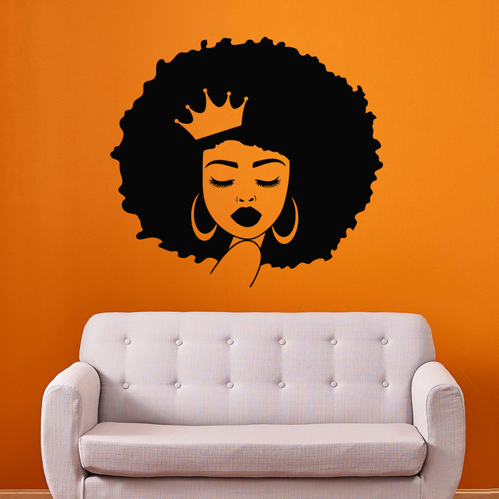 Vinyl Wall Decal Afro Girl With Curly Hair And Earrings Crown Stickers Mural (g9674)