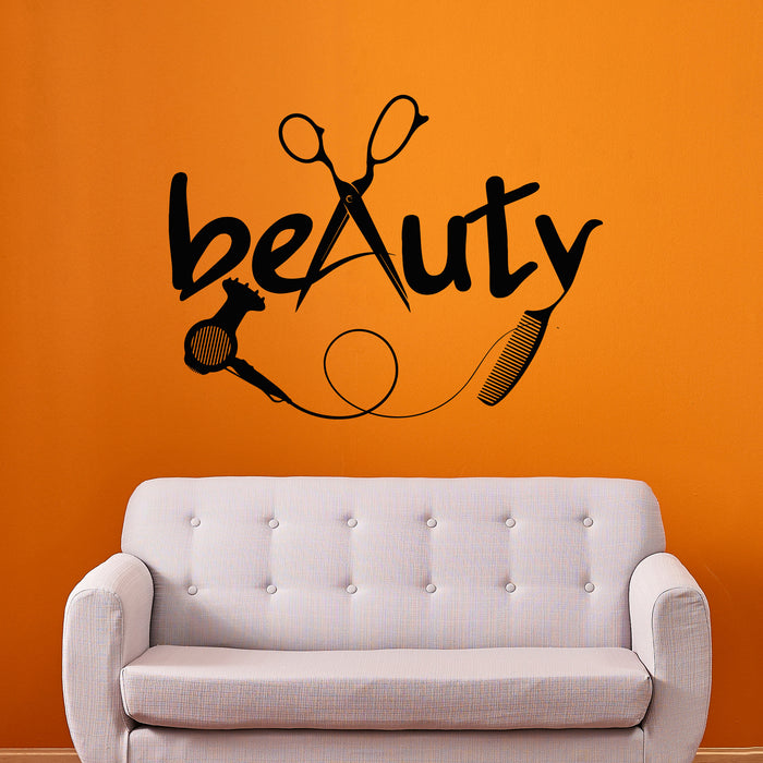 Vinyl Wall Decal Beauty Salon Banner Scissors Comb Hairdryer Stickers Mural (L118)