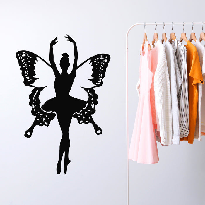 Autocollant mural en vinyle Silhouette de ballerine avec ailes de papillon Autocollants de ballet Mural (g9500)