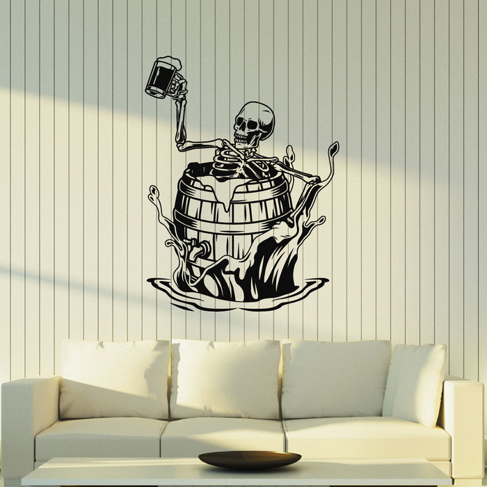 Vinyl Wall Decal Pub Skeleton Sitting In Beer Wooden Barrel Cup Drink Stickers Mural (g8757)