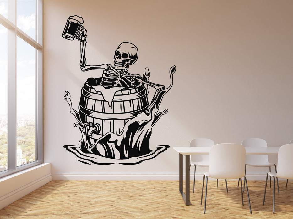 Vinyl Wall Decal Pub Skeleton Sitting In Beer Wooden Barrel Cup Drink Stickers Mural (g8757)