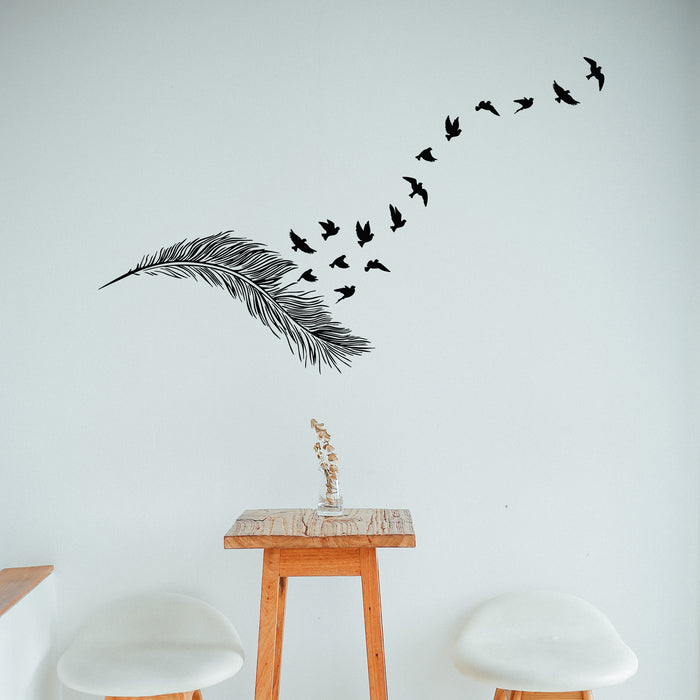 Vinyl Wall Decal Feather Illustration With Flying Birds Silhouette Stickers Mural (L097)