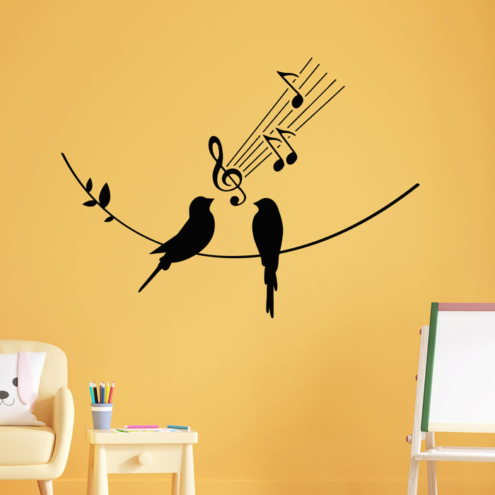 Vinyl Wall Decal Silhouette Of Pair Birds Sitting Tree Branch Singing Stickers Mural (g9227)