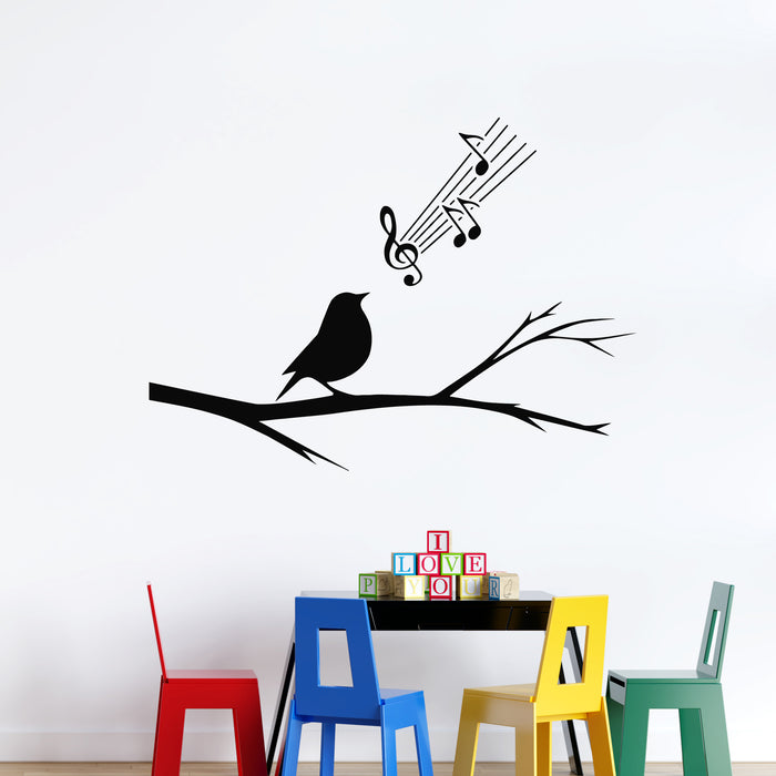 Vinyl Wall Decal Bird Silhouette On Branch Singing Musical Notes Stickers Mural (g9655)