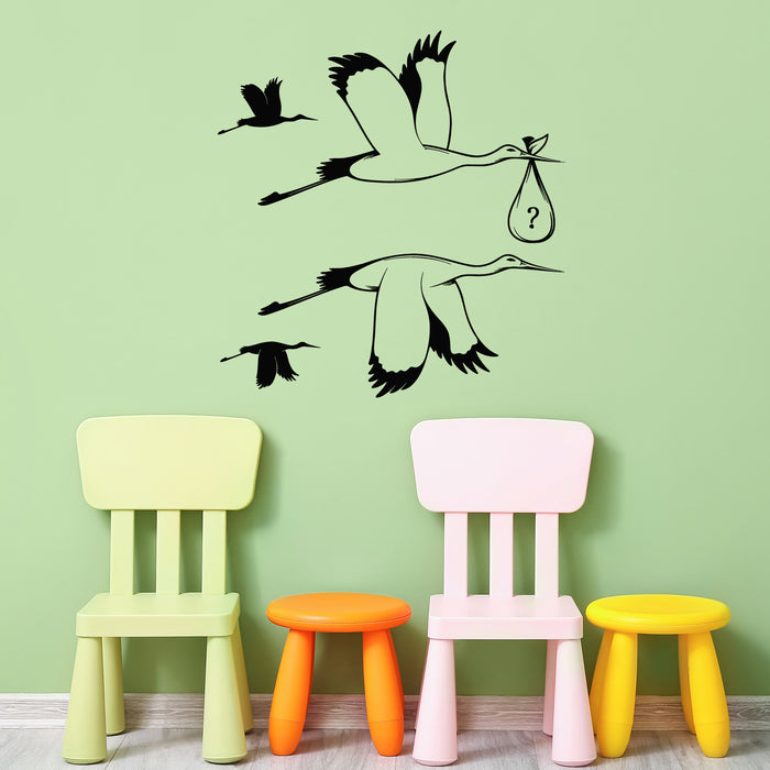 Vinyl Wall Decal Flying Birds Storks Carrying Baby Bundle Decor Stickers Mural (g9673)