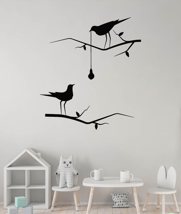 Vinyl Wall Decal Birds On Branch Holding Light Bulb Nature Stickers Mural (g8767)