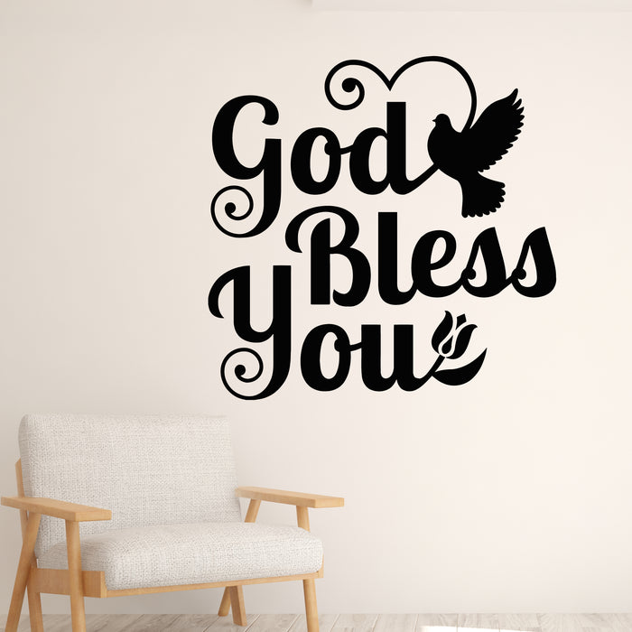Vinyl Wall Decal God Bless You Inspire Religion Phrase Pigeon Stickers Mural (g9529)