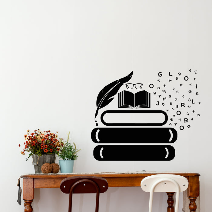 Vinyl Wall Decal Symbol Of Knowledge Books Glasses Pen Writing Library Stickers Mural (g8770)