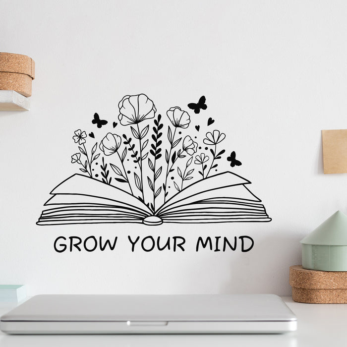 Vinyl Wall Decal Grow Your Mind  Library Slogan Open Book Flowers Stickers Mural (g9434)