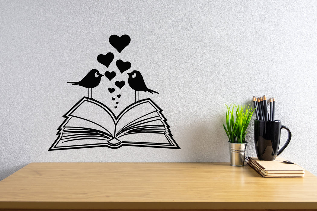 Vinyl Wall Decal Open Book With Hearts Birds Love Reading Stickers Mural (g8701)