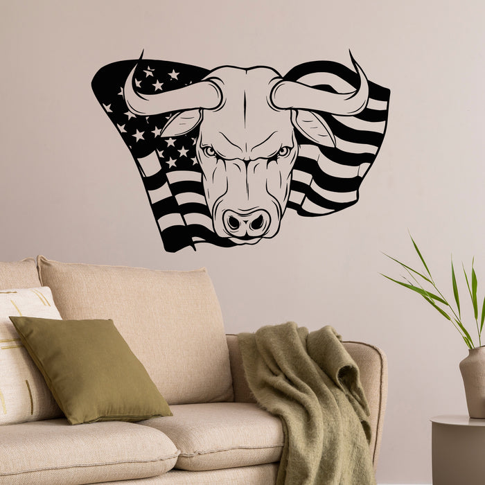 Vinyl Wall Decal American Buffalo Angry Bull Head American Flag Stickers Mural (g9716)