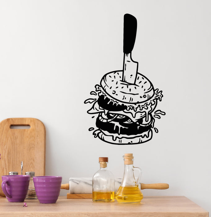 Vinyl Wall Decal Hamburger With Knife Amazing Burger Street Fast Food Stickers Mural (g8748)