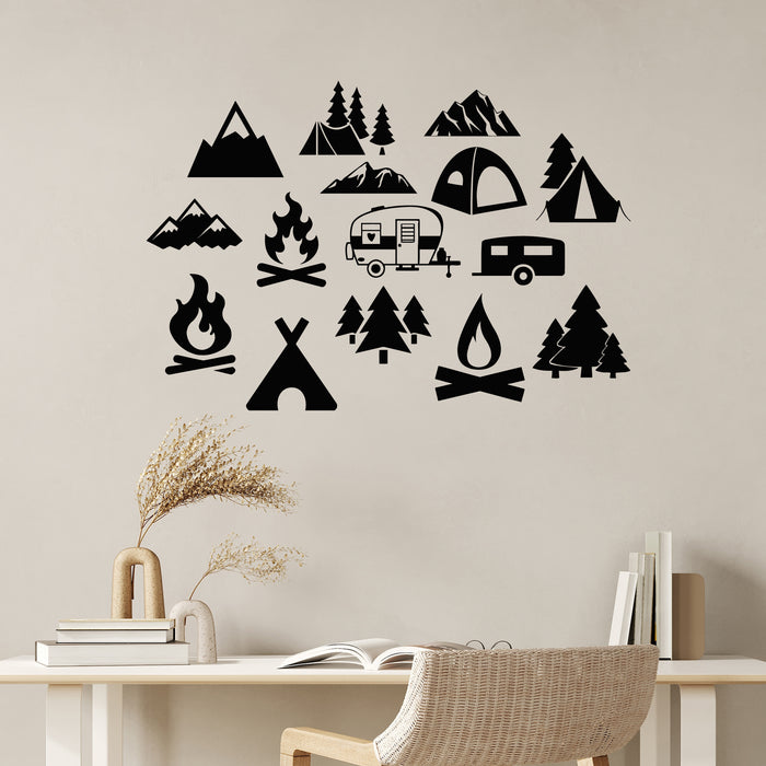 Vinyl Wall Decal Camp Fire Stories Icon Set Camping Interior Stickers Mural (g8955)