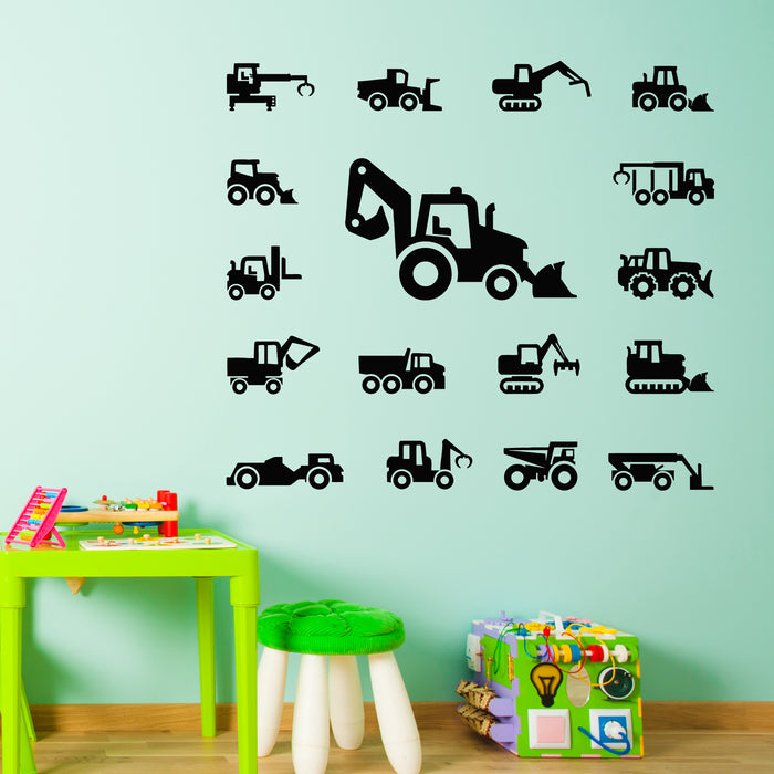 Vinyl Wall Decal Digger Icons Tractors and Building Machines Stickers Mural (L038)