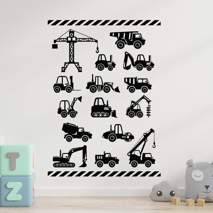Vinyl Wall Decal Set Of Silhouette Toys Heavy Construction Machine Stickers Mural (L096)