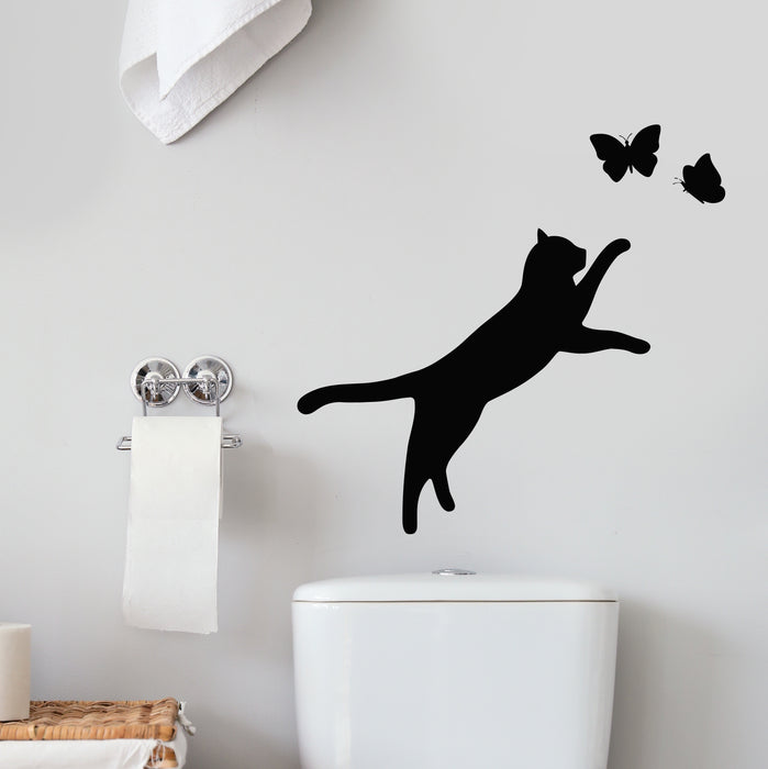 Vinyl Wall Decal Cat Playing Silhouette Butterfly Pets Animal Stickers Mural (g9622)