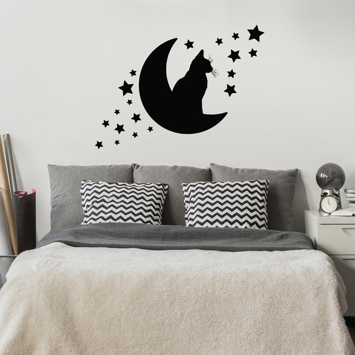 Vinyl Wall Decal Cat Silhouette On The Moon Crescent Night Stars Stickers Mural (g9650)